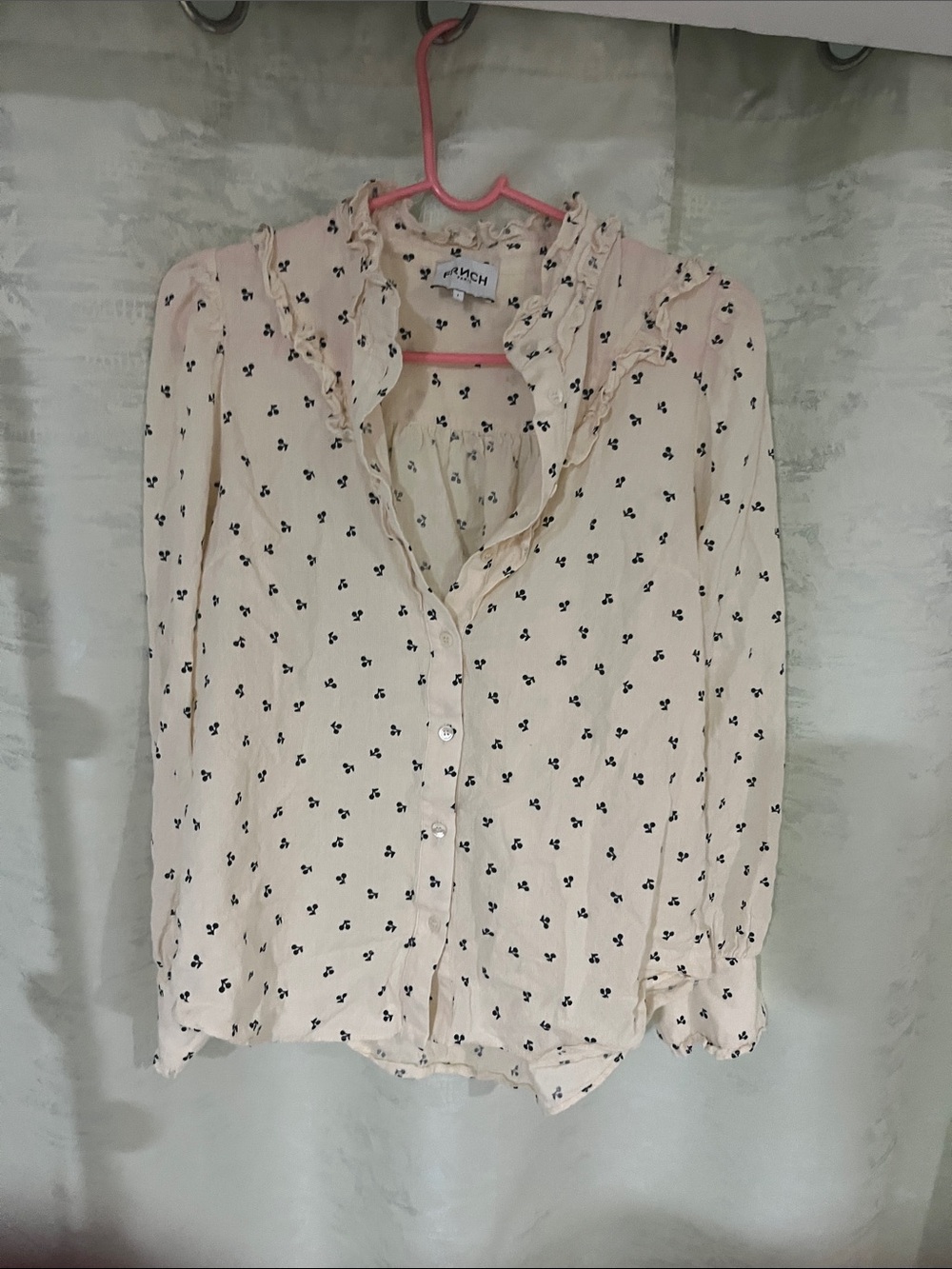 FRNCH Cream Ruffle-Trim Button-Up Blouse with Black Ditsy Print